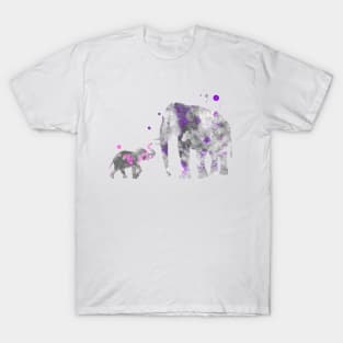 Mom and Baby Elephant Watercolor Painting Lilac Pink T-Shirt